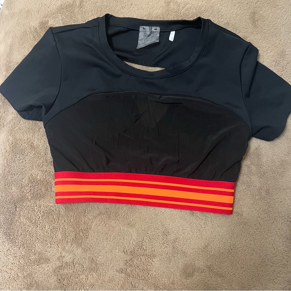 Black Crop Top with Red and Orange Stripes